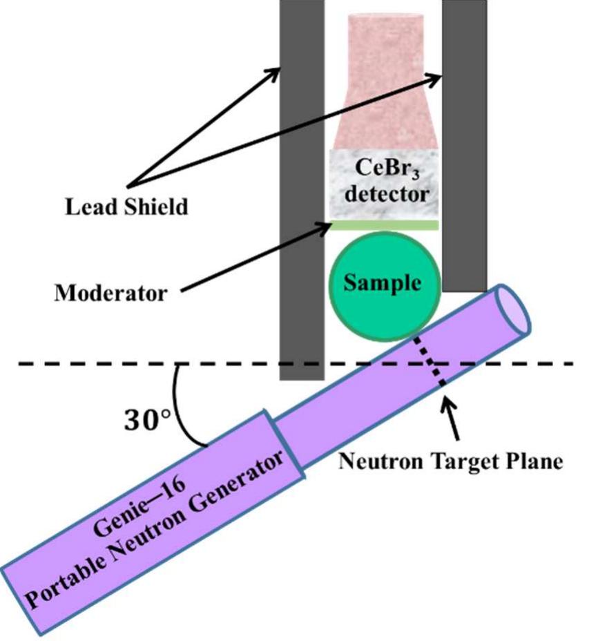 Figure 2. Schematic representation of the PGNAA setup used for neutron inelastic scattering reaction built around Genie 16. Figure is not drawn to scale. 