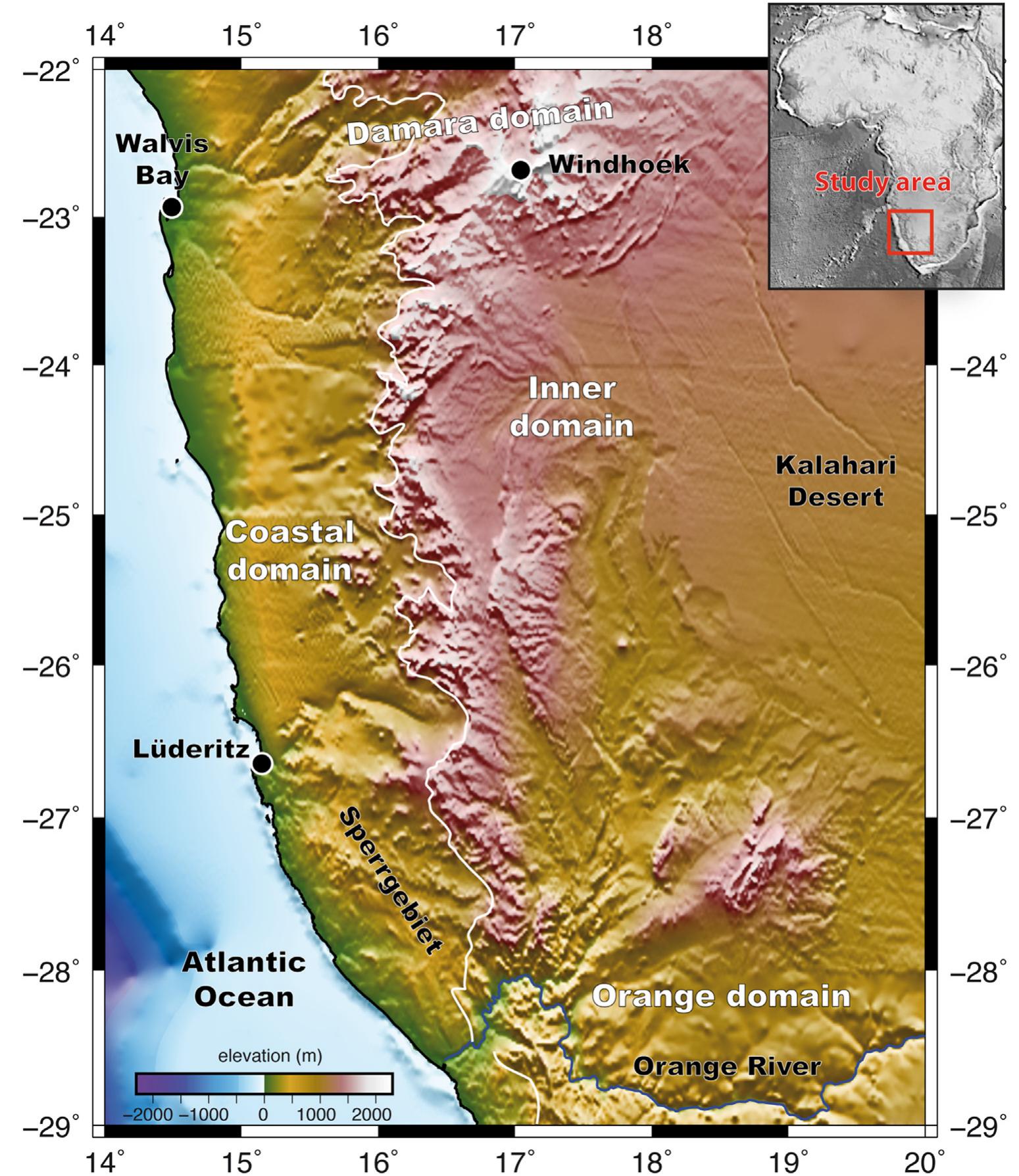 Fig. 1. Topographic map of the study area with the main scarp (white line) and the different geomorphic domains: Damara, inner, coastal, Orange. The upper right inser displays the location of the study area. 