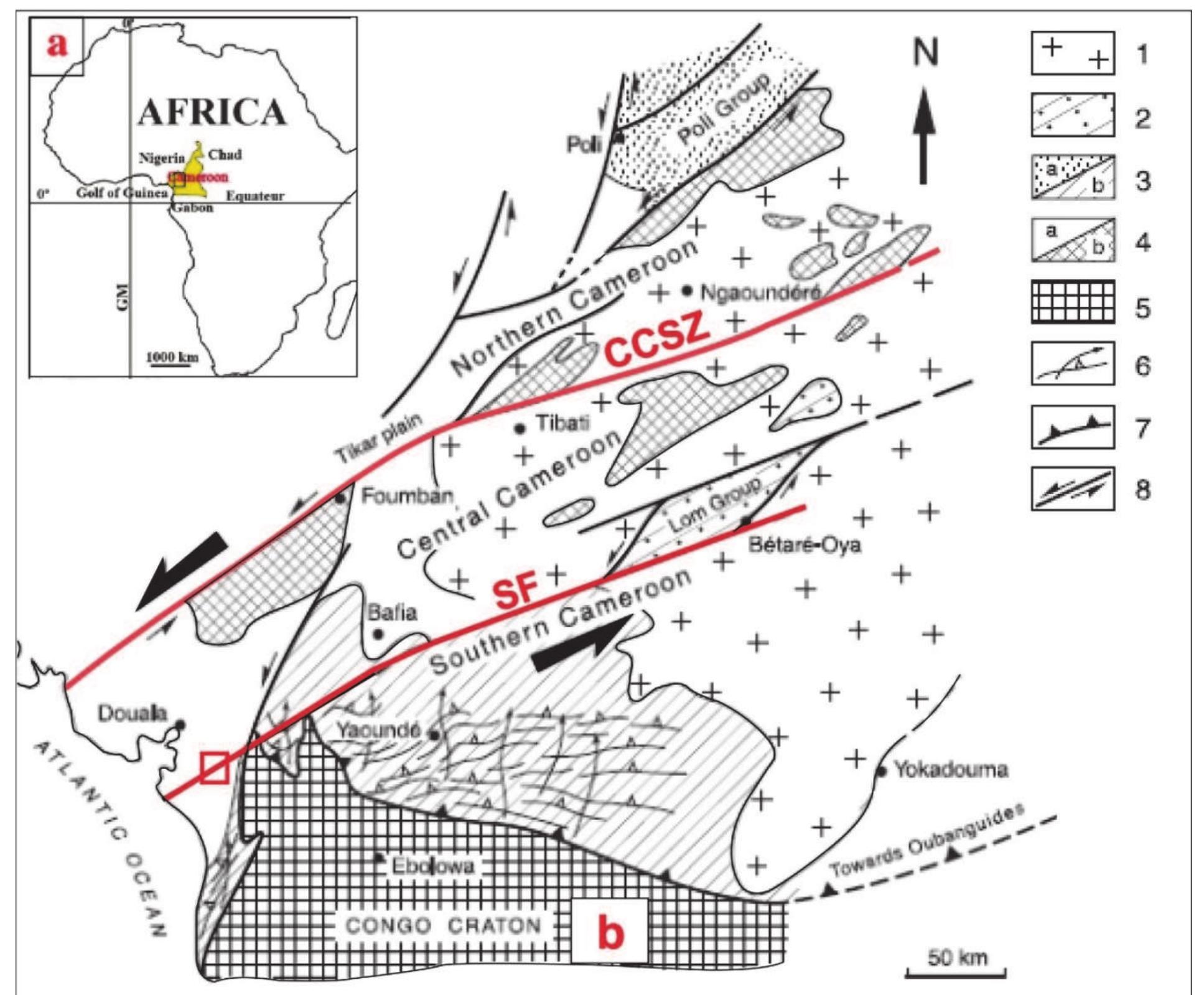 Figure 1. Location of the Cameroon coastal plain in Africa (a) and geological map of central and southern Cameroon showing the CCSZ and the SF (b). (1) syn-D2 granites; (2) Lom mylonites; (3a) Poli Group and (3b) Yaoundé Group; (4a) undifferentiated gneisses and (4b) Eburnean basement relics; (5) Congo craton; (6) foliations S}-2 and stretching lineation’s Lz (after Jegouzo, 1984); (7) major frontal thrust zone; (8) major shear zones, with indication of relative shear movement. The red box represents the study area  its reactivations on landscape evolution and (3) the relationship with seismicity. 