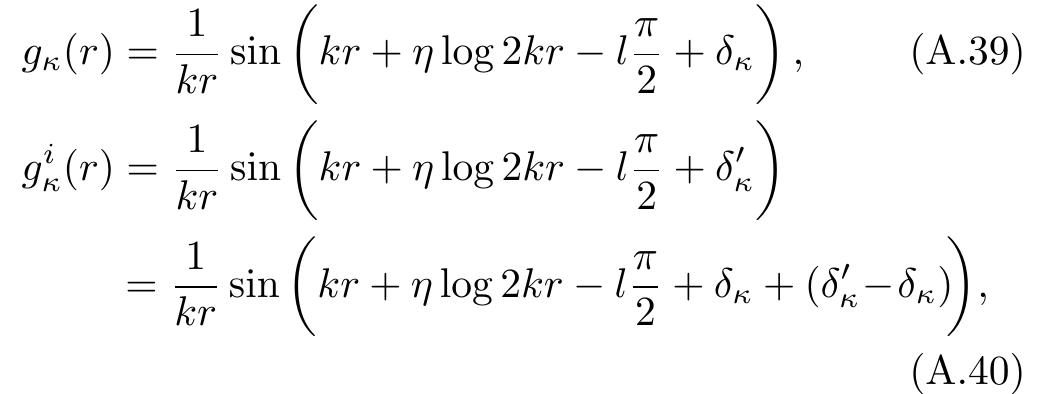 Since the asymptotic behavior of the regular and irregular radial functions is given by  and the asymptotic behavior of G, is described by the phase shift A, via  For the case of a realistic nuclear electrostatic po- tential, analytic expressions for the radial functions are no longer available. Therefore, we calculated the radial wave functions by numerical integration according to the method described in appendix 3 of [32]. Outside the nu- clear charge distribution (7.e. for r > 14 fm in our ac- tual calculations), the electrostatic potential is a Coulomb potential, and therefore the radial functions G,, obtained from the numerical integration can be written as a linear combination of regular and irregular solutions of the Dirac equation with a Coulomb potential 
