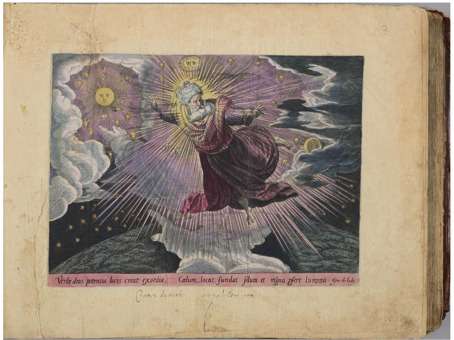 Fig. 6. Album page with Genesis creation, from Thesaurus, hand colored engraving, Harvard Art Museums, Cambridge MA 