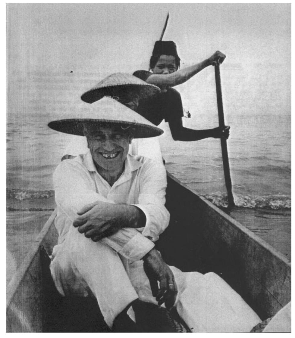 Above: Dr. Fritz Ronnefeldt, WHO malariologist in Indonesia, carries out an inquiry into the lifecycle and habits of the anopheles sundaicus mosquito in the Java Sea region and crosses a tambak (dyke/ shallow estuary) where fish
