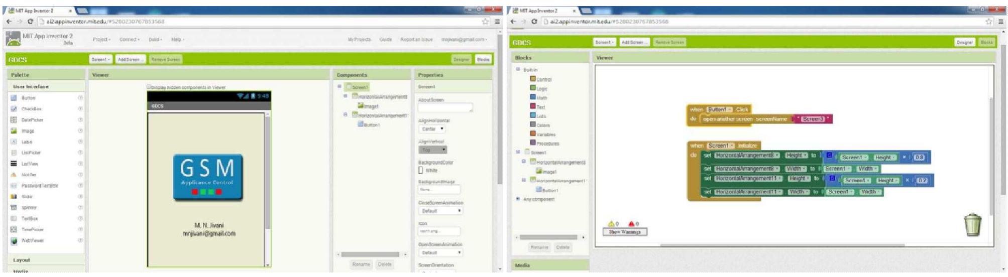 The GSM Home Automation System Application is developed using the App Inventor for mobile phones and tablets with Android support having the SMS connectivity option. The Android devices have almost covered a larger pie in the market, hence keeping in mind its popularity; this application can prove to be a boon for the users who are longing to make their house — an automated home. The Home appliances can be connected and controlled using this interactive application within their home environment easily. (Application is based on Grid view and it controls the ON/OFF using SMS connectivity. As the App Inventor is cloud based web application so, user needs to login to the App Inventor web site (http:// http://ai2.appinventor.mit.edu/) and start creating new project. While creating an AI application two  different parts are developed; the screen objects (Designer) and the programming logics (blocks) shown in Figure 4 respectively. 
