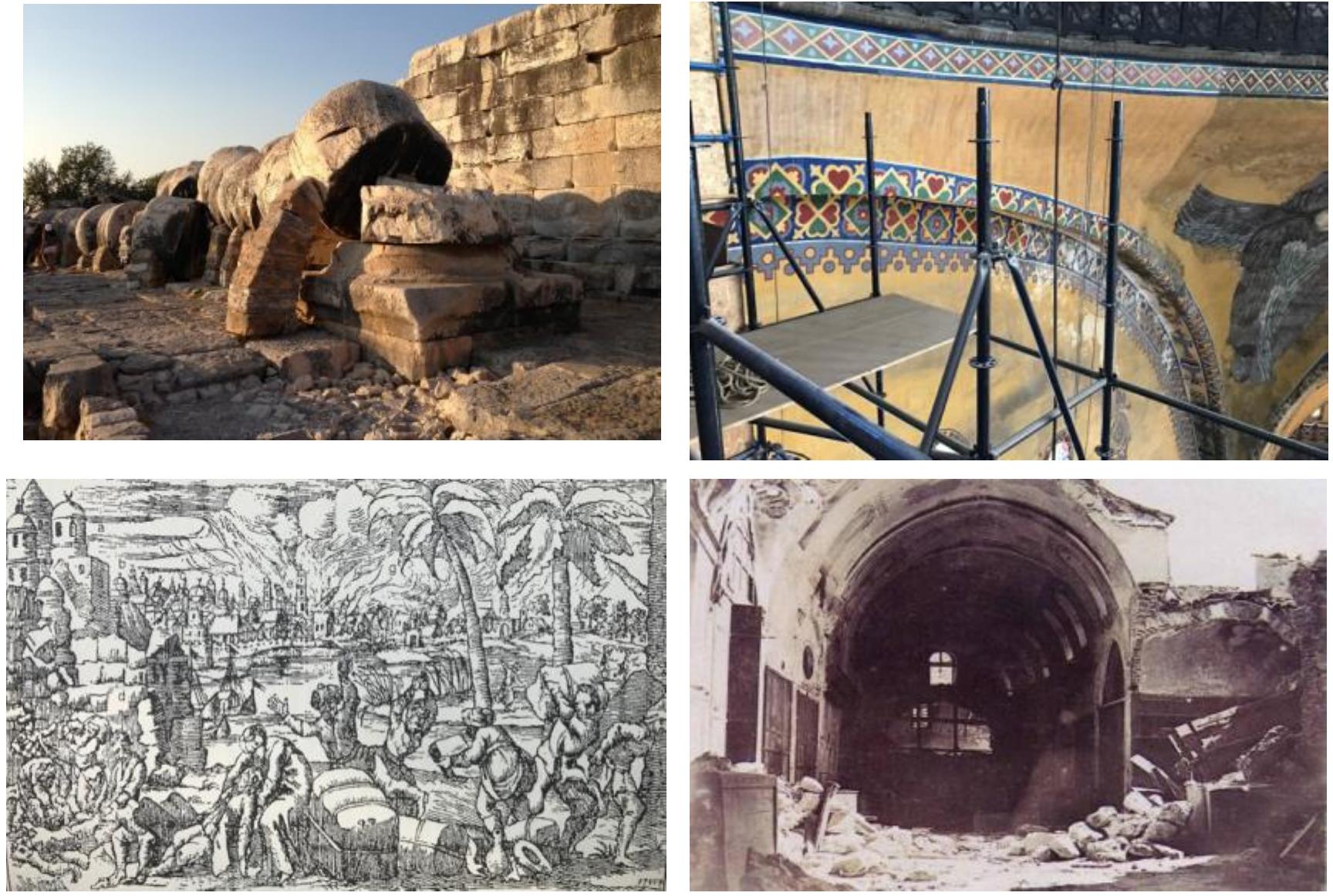 In addition to inherent weaknesses of masonry structures against seismic actions due to their excessive mass and rigidity, low tensile strength capacity, poor connections between various components, deterioration in masonry units due to environmental conditions and aging and the decay of wooden and metallic elements make historical  masonry structures highly vulnerable against earthquakes.  Figure 2. a) Apollon Temple in Dydma (top left), b) current status of one of the main arches of Hagia Sophi: (top right), c) drawing depicting a scene from the 1754 Istanbul earthquake [Amsbraseys et al. 2006] (botton left), d) covered Bazaar in Istanbul after the 1894 earthquake [Geng and Mazak, 2001] (bottom right). 