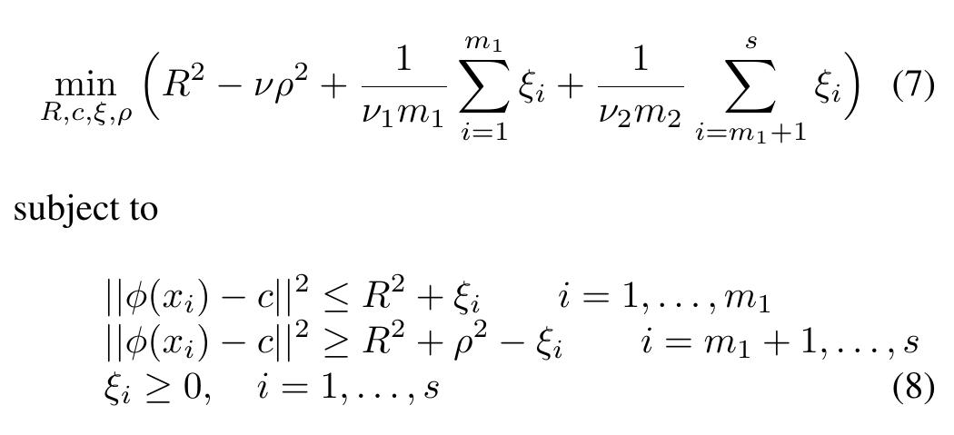 The SSLM approach combines the ideas of OCSVM and con- ventional two-class SVM [29] in minimising a hypersphere containing all normal data and simultaneously maximising the margin which is the distance from outliers (abnormal data) to the surface of the optimal hypersphere. This SSLM ap- proach can be formulated by the following optimisation prob- lem:  where vy, 1; and V2 are three positive constants, p? is outside margin (distance from abnormal data to the surface of the hy- pershere). 