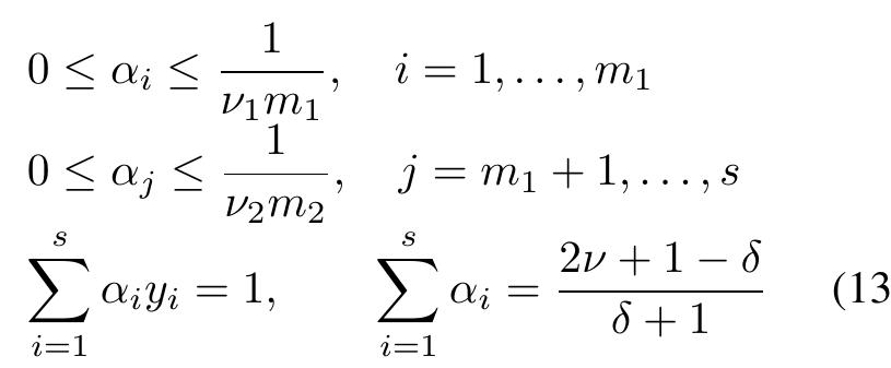 The dual form is also a quadratic optimization problem and has the same form as the dual of the v-SVM [22], thus  it can be solved with the v-SVM solver in the LIBSVM soft- ware [6]. 