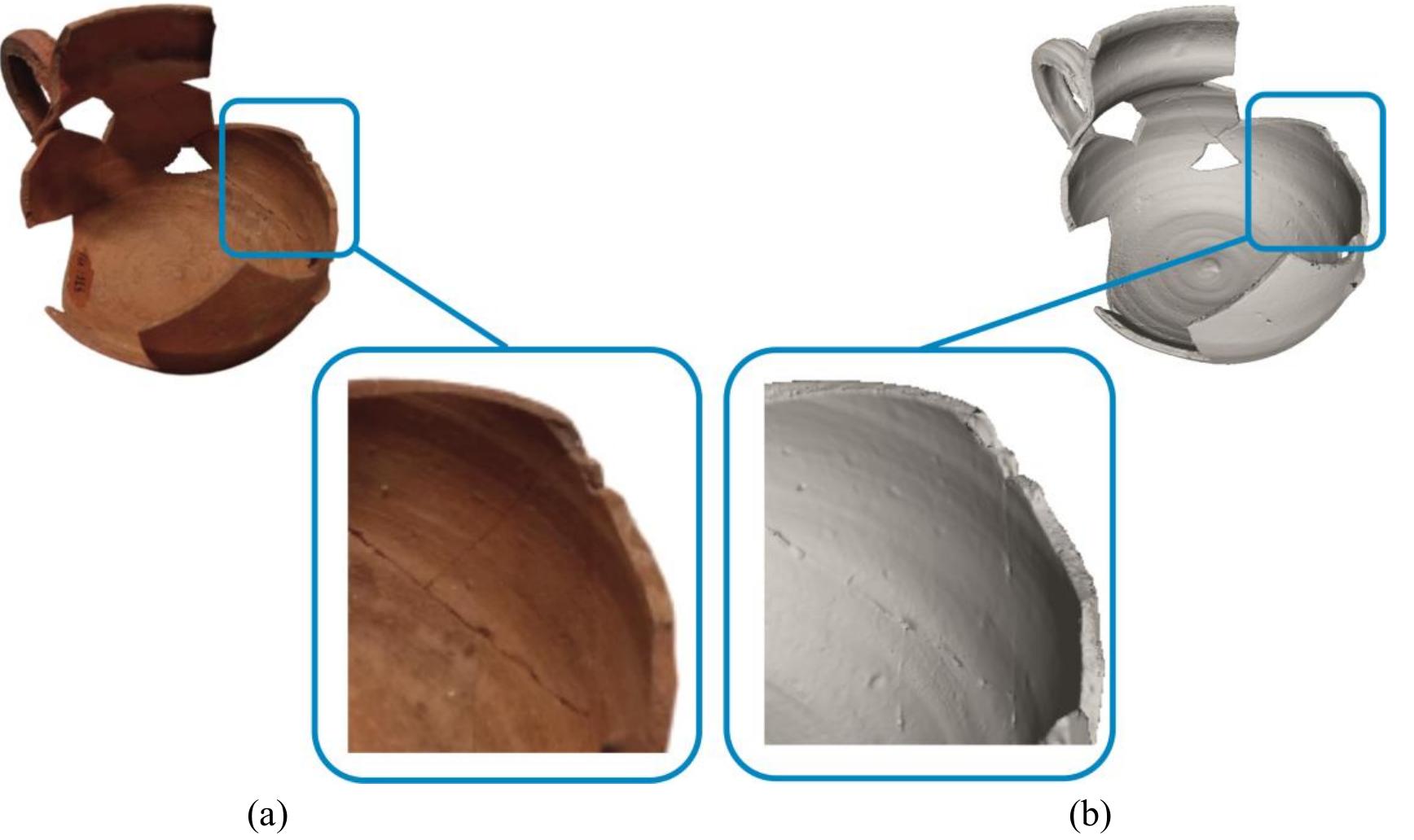 Fig. 6. Comparison between (a) physical object and (b) 3D model created from structured light technology  Fig. 5. 3D model derived from (a) structured light technology and (b) laser scanning technology, with detailed capture of specific edges 
