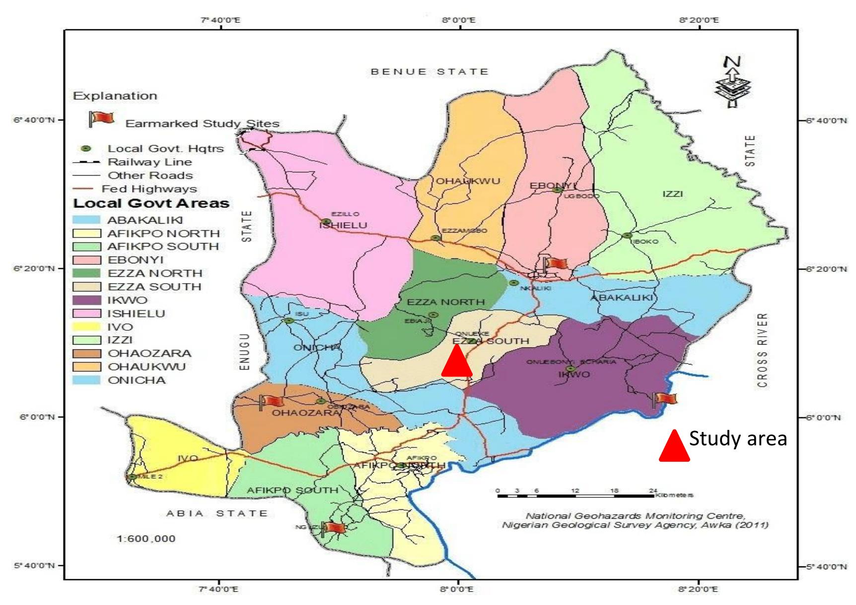 are as well the area where the outcrops were exposed in the study area (see Fig. 1 & 2).  Fig. 1: Map of Ebonyi State showing the study area 