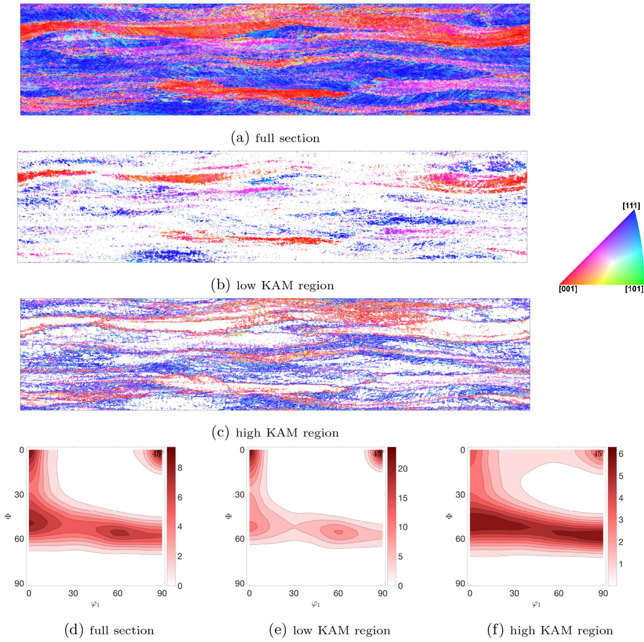 Fig. 2. Simulation results showing the low and high KAM regions in the mid-surface of the 3D simulation after 77% thickness reduction. (a-c) IPF color maps parallel to the loading (vertical) direction, (d-f) orientation density f(g) maps obtained from the ODF section @2 = 45°. 