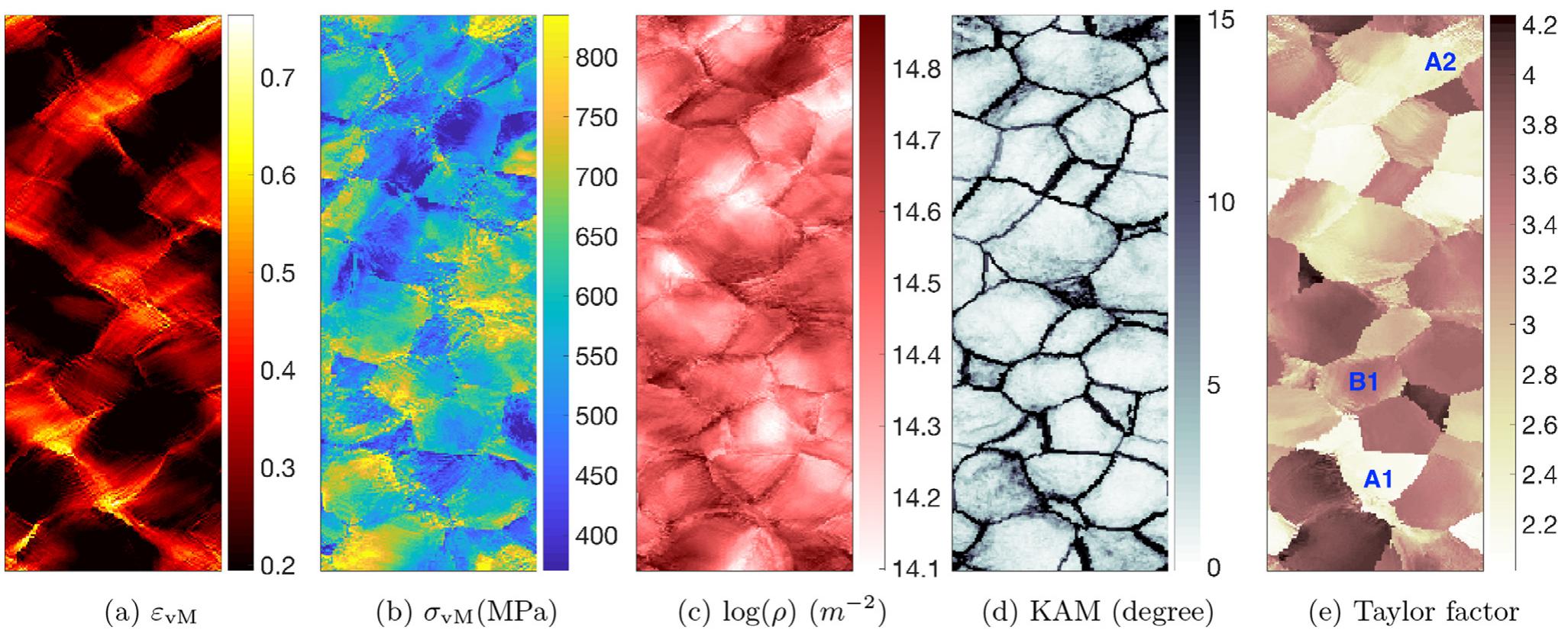 Fig. 9. Simulation results at the mid-surface after a 20% thickness reduction; (a) equivalent strain €ym, (b) equivalent stress oym(MPa), (c) dislocation density on a logarithmic scale log(p) (m-?), (d) KAM (degree), (e) Taylor factor with respect to the loading (vertical) direction.  Fig. 8. A 2D section showing the IPF color map parallel to the loading (ND) direction at the mid-surface of grain 2. 
