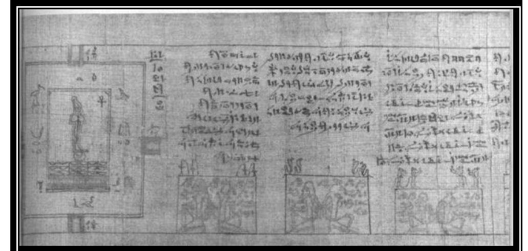 Fig.28. Part of a papyrus from a temple library, c. 4th— 3rd centuries BC. The illustrations show the magical protection of the 'House of Life’ at Abydos (left), and the ritual destruction of the enemies of order,  represented by the god Set and foreign prisoners (right), (Pinch, 1994). 