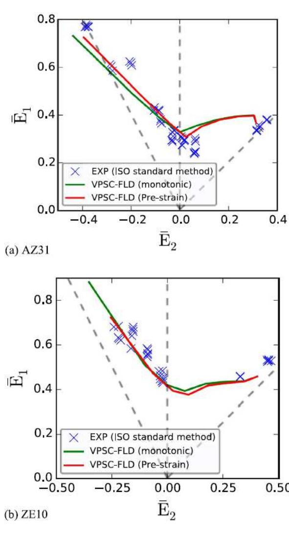 Fig. 15 Experimental and predicted FLDs in principal strain space for (a) AZ31 and (b) ZE10. The MK-  imperfection factors used were0.995 and 0.999 for AZ31 and ZE10, respectively (Steglich and Jeong, 
