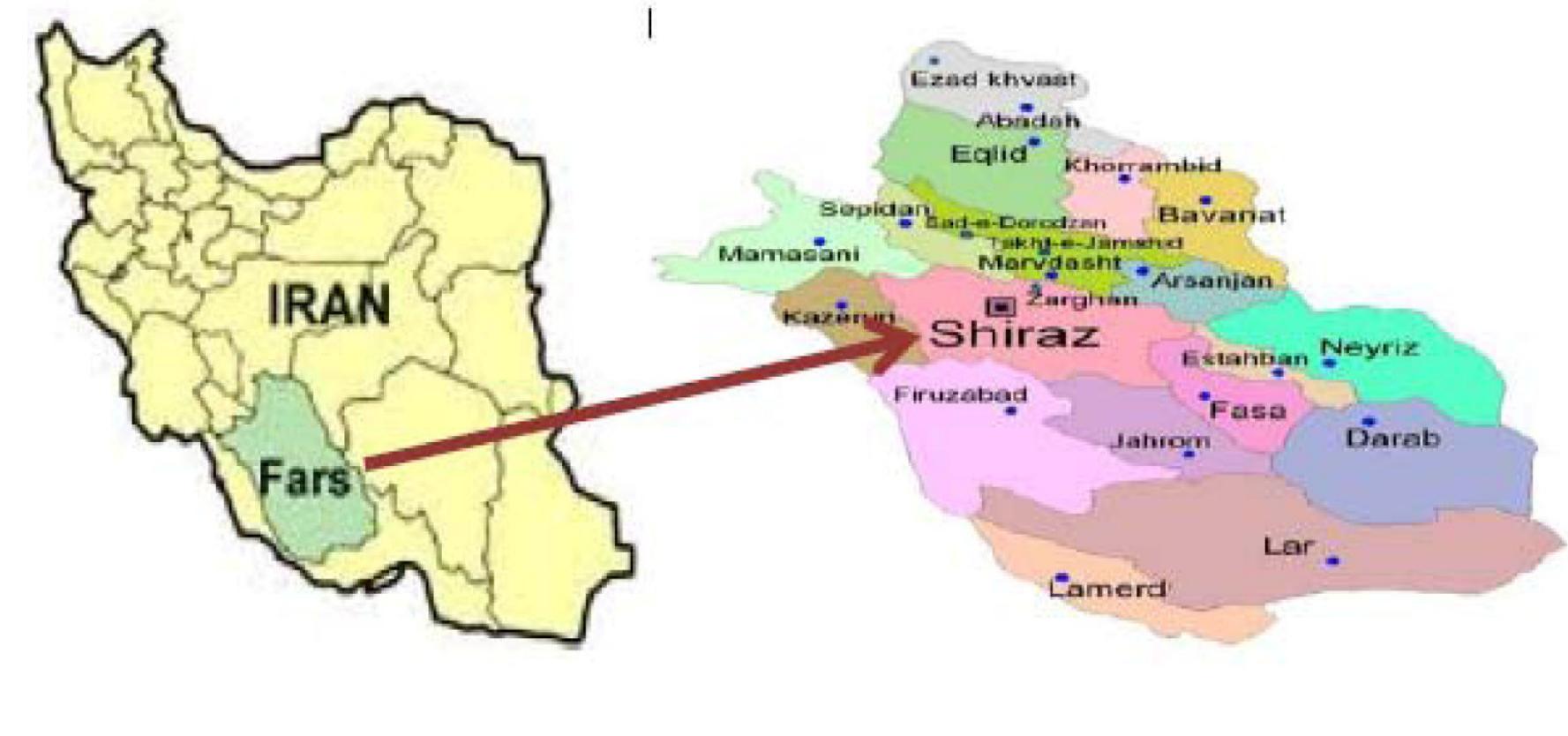 Figure 2. Location of the study area.  Fars province is located in South- East of Iran. It has an important role in agricultural production in the country. Its major products include cereals, citrus fruits, dates, sugar beets, and cotton. Fars long-term average rainfall is about 290 mm. In recent years, during climate conditions, it have decreased, perceptibly and reached to about 274 mm in the farming year of 2012-13 (Fars Meteorology Department, 2013). Therefore, it seems that maize production is not suitable in this region because it has the Semiarid  Face validity of questionnaire was obtained through a panel of experts and reliability was obtained through pilot testing 