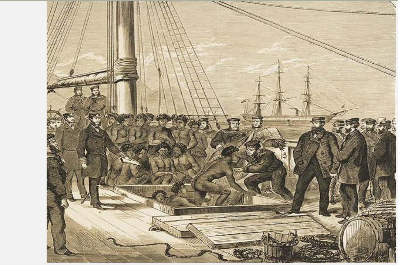 Image 10. Seizure of the Daphne, 1869, engraving, National Library of Australia  14 The Commission acknowledged that isolated cases of kidnapping had occurred but that “the strongest desire is manifested by the natives, both of the Loyalty and the New Hebrides group, to leave their home, either to serve on board English ships, or to labour on the plantations of Queensland; and that any attempt to kidnap them would be not only unnecessary, but most impolitic, and even dangerous.” Quoted from K.R. Howe: Tourists, Sailors and Labourers, Journal of the Pacific History, p35.  15 Rockhampton Bulletin and Central Queensland Advertiser (Qld.: 1861 - 1871), Thursday 8 April 1869, page 2; https://trove.nla.gov.au/newspaper/article/51575446?afterLoad=showCorrections  