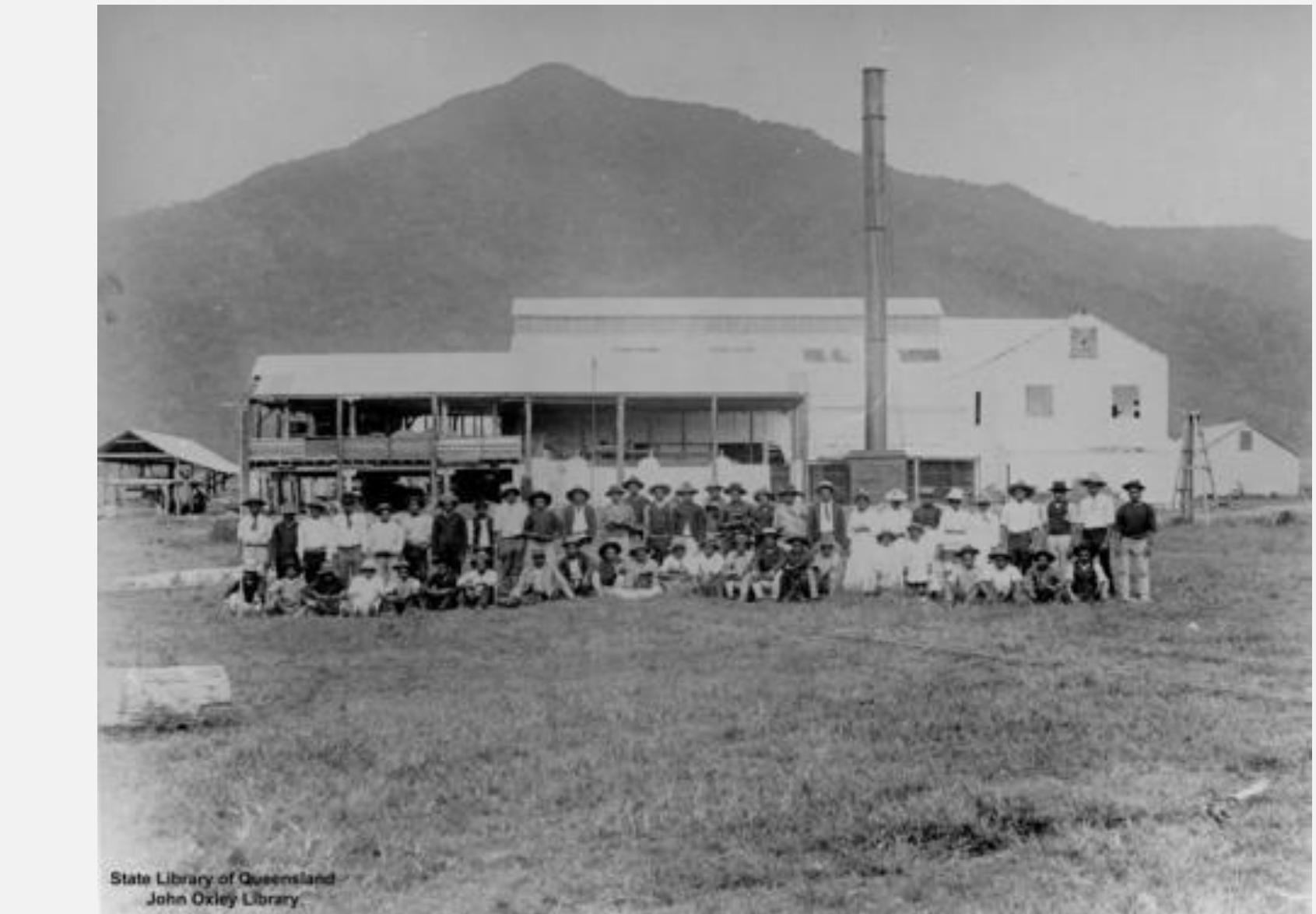 ae  Image 21. Portrait of a group of workers in front of a sugar mill, Hambledon, Queensland, circa 1891, John Oxley Librar) 