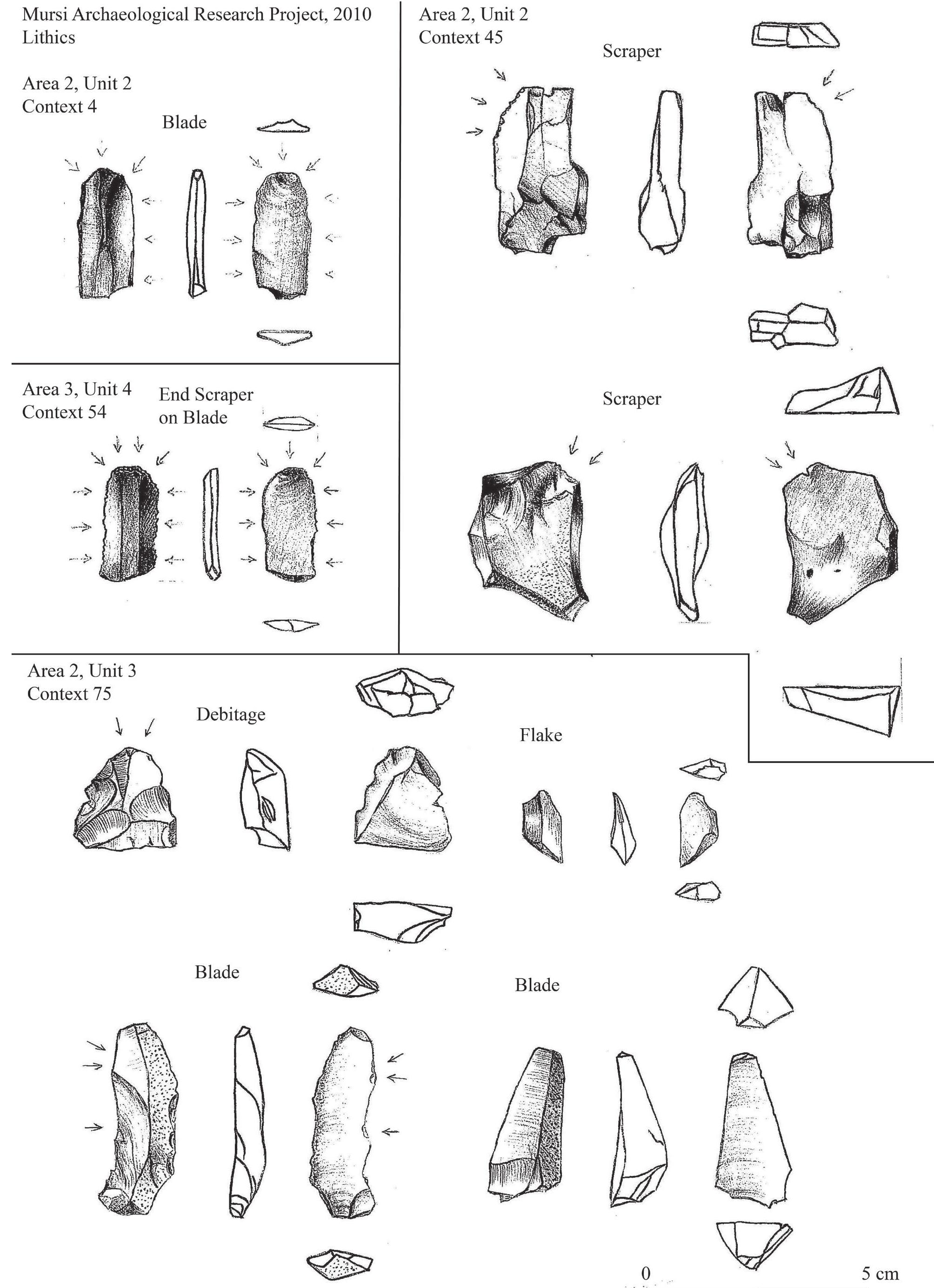 Figure 20.11. Lithics: Contexts 4 and 45 (Area 2, Unit 2); Context 75 (Area 2, Unit 3); Context 54 (Area 3, Unit 4) (Drawn by Anna Zsofia Biller) 