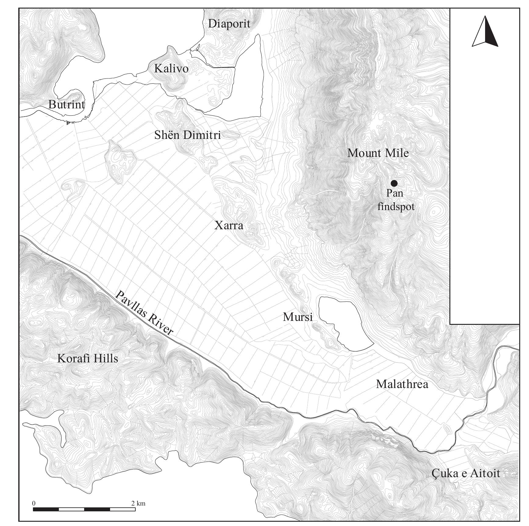 Figure 24.1. Findspot of the Pan statuette on Mount Mile, Butrint (Drawn by Sarah Leppard) 