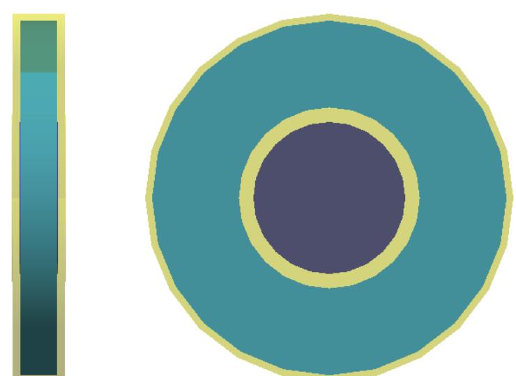 FIGURE 4.17: (Color online) A side and top view of the °°Zr sample as modeled  in GEANT4. The dimensions of the two samples and acrylic holder are given in Sec. 3.5.1. 