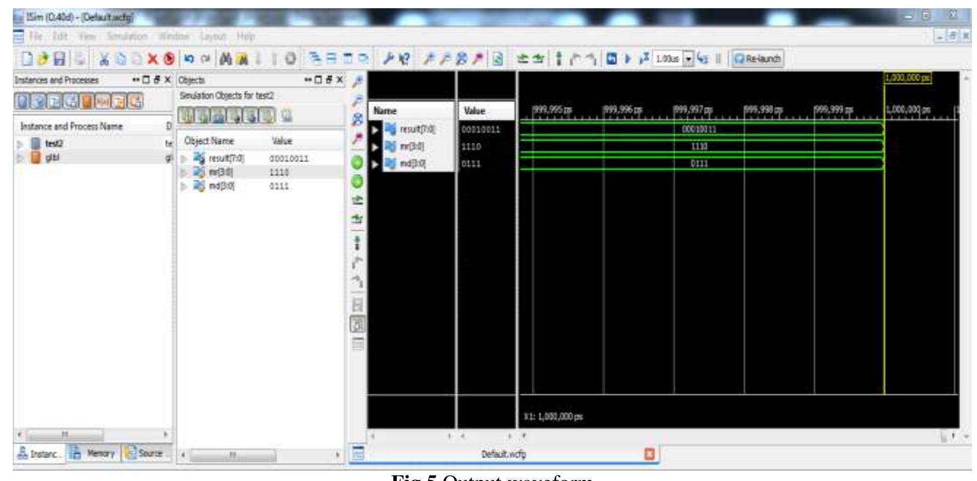 Above figure shows total power consumption by the designed convolution logic using Xilinx Xpower analyzer. And it is found to be supply power of 0.033watt and dynamic power.002watt which is very less as compared to existing convolution architecture having 2 MUX and 2 SIPOs.  Convolution result has been shown in above figure for two inputs 1110 and 0111. Which is found to be 00010011. 