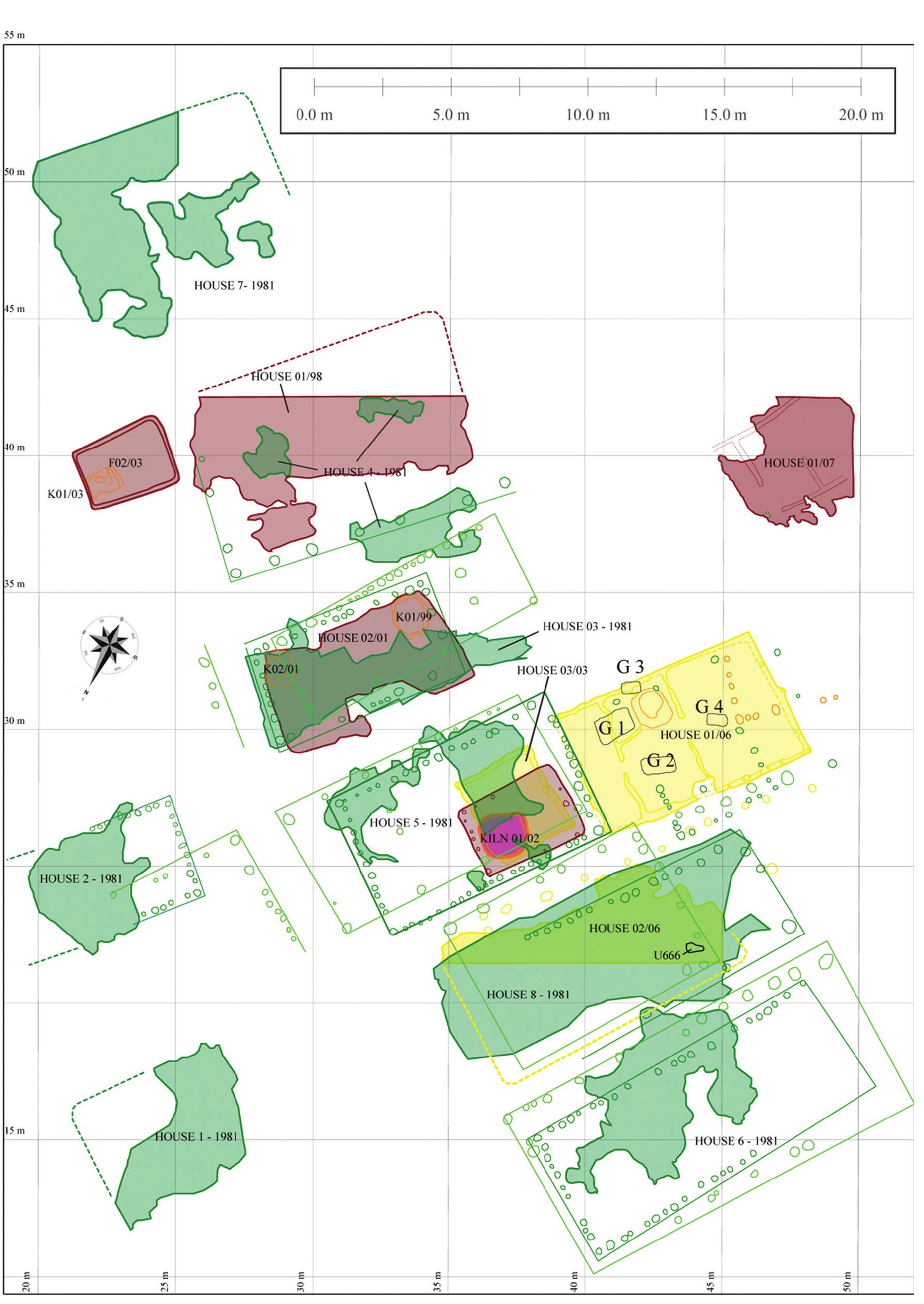 Figure 12.2. Vinéa-Belo brdo site: plan of several buildings excavated at sector II, showing the location of House (Building) 01/06, which belongs to the lower burnt structural level (yellow); buildings in the unburnt horizon (mauve); upper burnt structural horizon (dark green). Houses outlined without numbers may constitute the uppermost, unburnt final horizon (light sreen); G-Bodrogkeresztur graves (after Tasié et al. 2015: Figure 5).  This material has been published in Making Spaces into Places, BAR S3001 edited by Nenad N. Tasi¢, Dushka Urem-Kotsou and Marcel Buric¢, published by BAR Publishing (Oxford, 2020). This version is free to view and download for personal use only. It cannot be reproduced in any fort without permission of the publisher. To order this book online please visit: www.barpublishing.com 