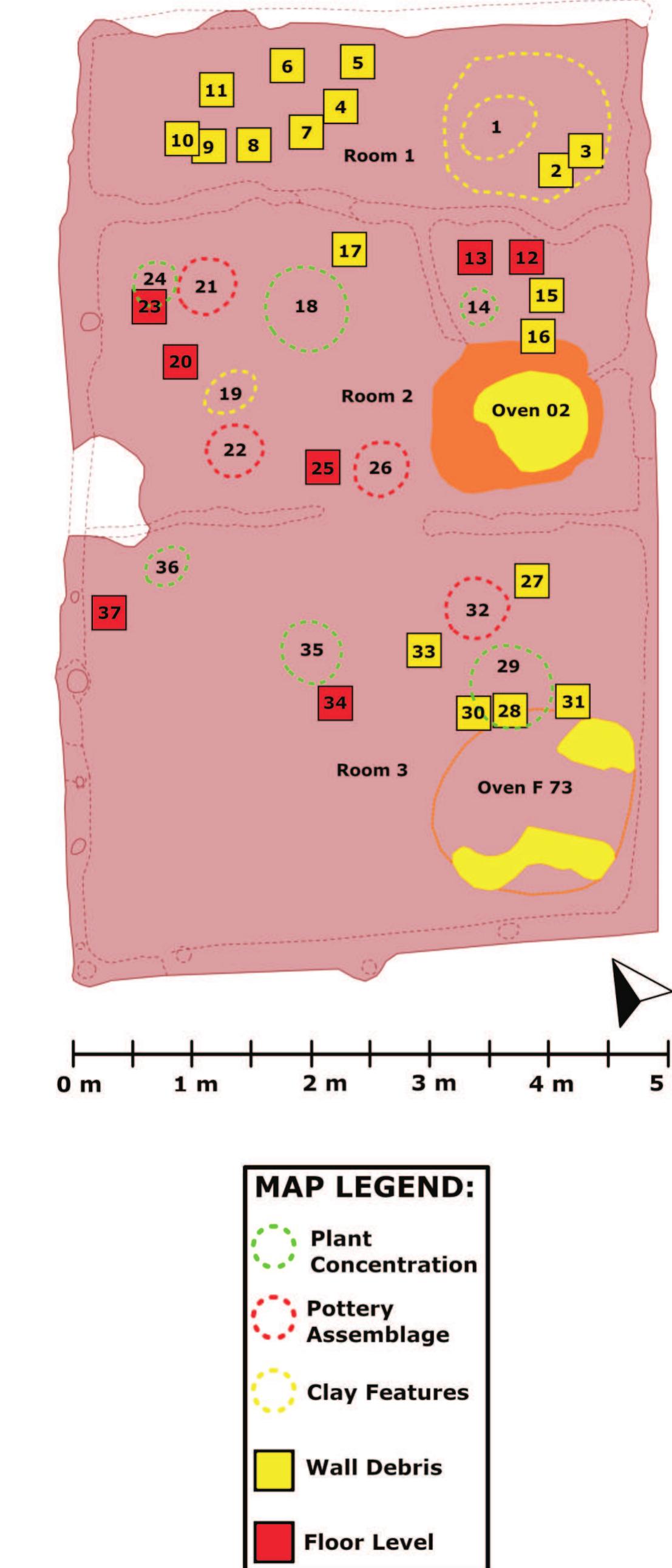Figure 12.4. Plan of Building 01/06 showing distribution of finds and features mentioned in the text; numbers (1-37) indicate the location of finds within Rooms 1-3; the list (1-37) provides short descriptions of finds, followed by illustration numbers, e.g. [P1.1/1] is Plate 12.1, illustration 1. 