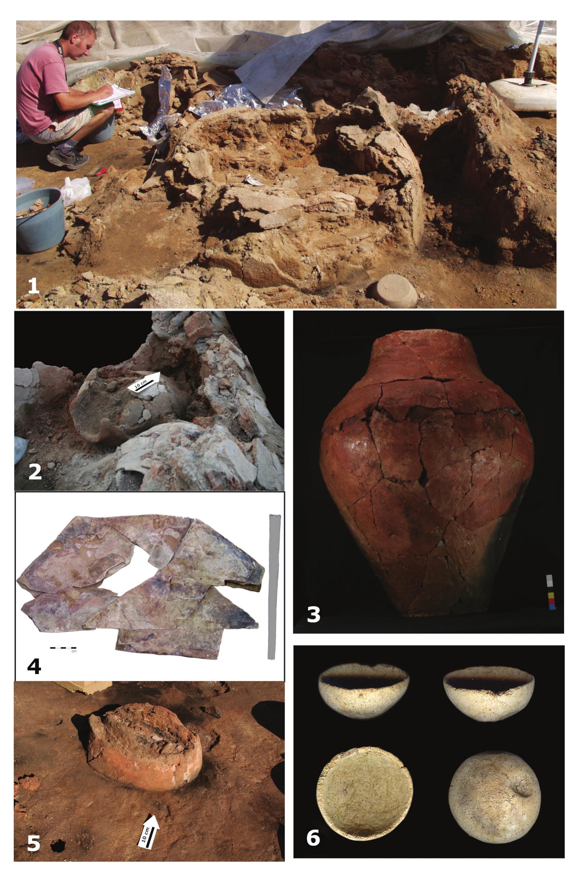 Use of Space in a Late Neolithic/Early Eneolithic Building at the Site of Vinéa-Belo Brdo in the Central Balkans  Plate 12.2a. Photos of finds from Room 2: 1. excavating the remains of a domed oven (02) in the western part of Room 2 (pictured, Nino Rossi); 2. two large pots (Pithoi 1 and 2), in situ; 3. Pithos 1 with thin walls, restored; 4. stone plater (fine- grained sandstone), restored; 5. oval clay object ‘pedestal’, in situ; 6. miniature bone vessel (caput femoris). 