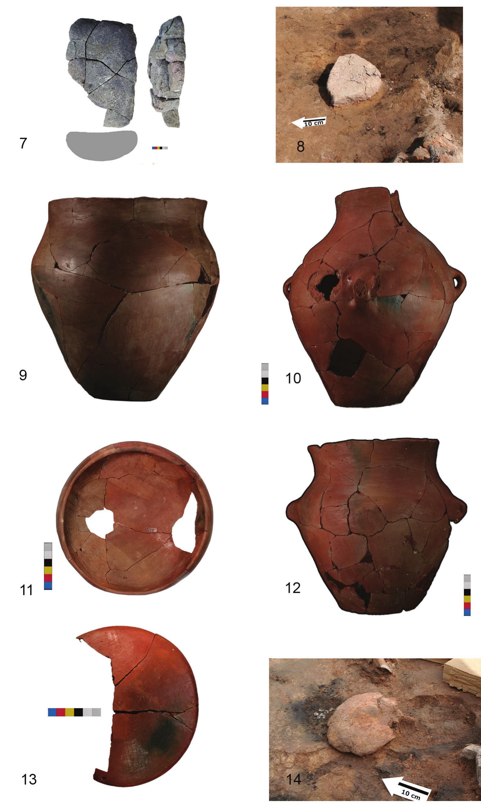 Plate 12.2b. Photos of finds from Room 2 (cont.): 7. quern (peridotitic breccia), restored; 8. quern (massive) in situ; 9. Amphora 1 with pitting inside, restored; 10. Amphora 3 with loop handles, restored; 11. Bowl 1 (biconical) with two secondary holes, restored; 12. Amphora 4 with pinched handles, restored; 13. Bowl 3 (biconical) with incised ‘X’ sign on outer surface; 14. clay lid and charred pear fruits, in situ.  Borojevic, Antonovic, Vukovic, Dimitrijevic, Filipovic, Maric, Penezic, Tripkovic, Petrovic & Tasi¢ 