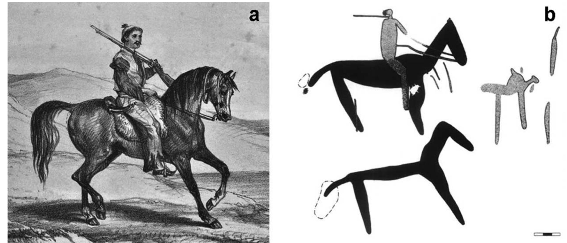 Figure 10. a, Korana horseman observed by Arbousset and Daumas (1846: pl. 3, flipped horizontally) in 1836. b, Rock art made by the Korana; the horses are finger painted in bright orange, the rider in fine-line black. Courtesy of Sven Ouzman (2005:104, fig. 3) 