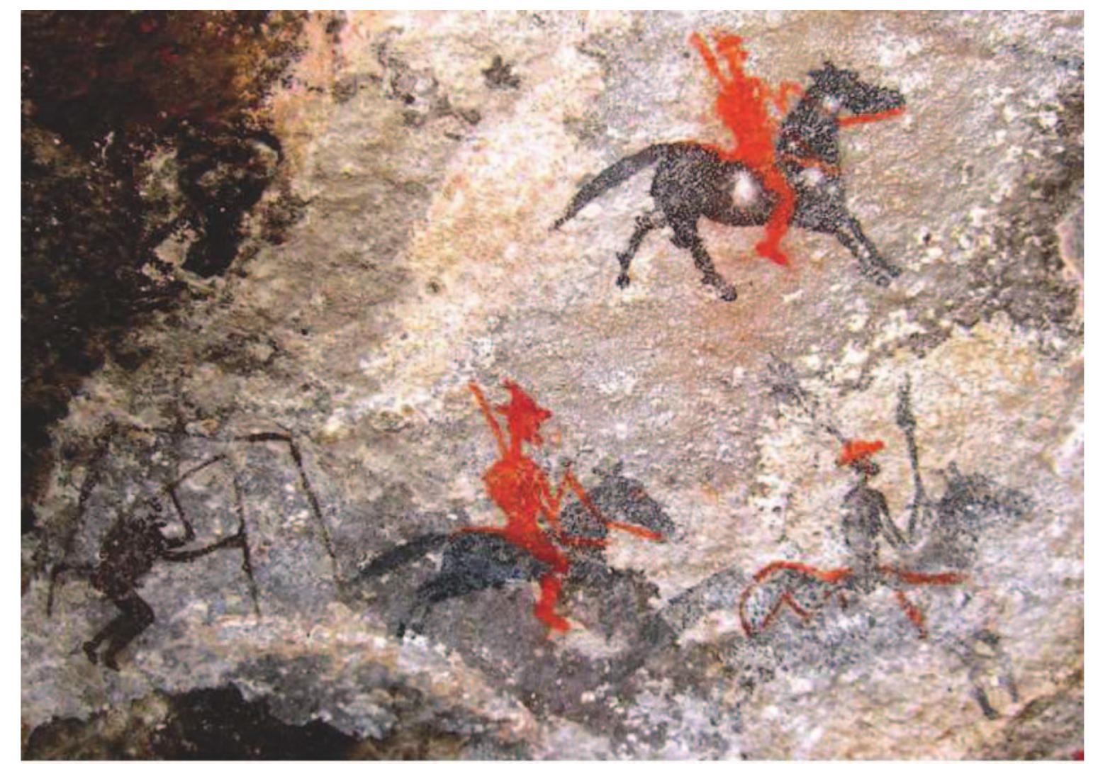 Figure 13. Human figure with a baboon head and tail dances with dancing sticks while horsemen exhibiting mixed material culture (brimmed hats with feathers, spears, muskets) ride together. Image by the authors. 