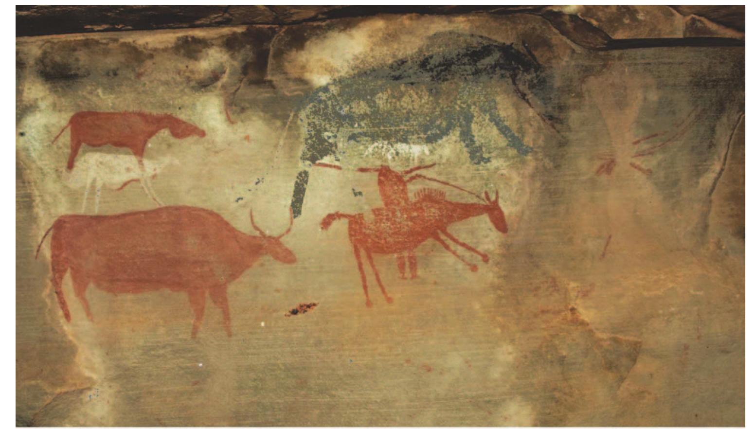 Figure 14. On the Tarka River, domestic stock, horse, and rider. Note the large black rain animal above, which superimposes the latter. Image by the authors.  Challis and Sinclair-Thomson The Impact of Contact and Colonization on Indigenous Worldviews 