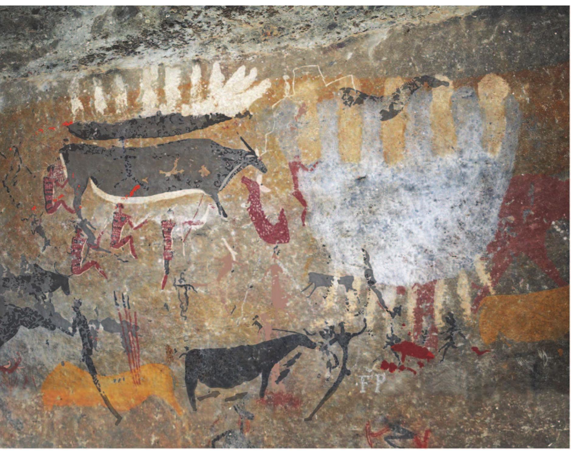 Figure 16. Fine-line rain animal and water snake (top left) painted in association with each other and with a finger-painted bag or apron. Note the lightning emanating from the forehead of the rain animal (which can “kill by lightning” and has a “shining stone” on its forehead; Schmidt 1979). Note also the second rain animal (bottom center) surrounded by fish being dealt with in much the same way as the colonial-era rain animal depicted in figure 17. Redrawing by Stephen van den Heever.  In the Khoe-San idiom, water (!/khwa in the extinct southern San | Xam language) in all its forms is a fearsome entity, one of whose manifestations is a dangerous beast, the “rain cow,” “rain bull,” “water bull,” or “rain animal” (!khwa-ka-xoro). It can take the form of a snake or bovid beast under one category of “water’s things” (Bleek 1933a, 1933b; Challis, Hollmann, and McGranaghan 2013; Hoff 1998; Jolly 1996, 1999; Orpen 1874; Schmidt 1979; Solomon 2008; fig. 16). The rain animal can be influenced or manipulated for a number of purposes, rain, water pools, rivers, mists, and fog, as well as the things of water—thunder and lightning, hailstones, and certain features on the landscape—all being iterations of !khwa. As detailed  Following from the discussion of the nature of forager, herder, and farmer contact and the reverence in which the former were held in ritual matters, we notice that creatures “of the rain” in rock art are depicted being approached or some- how harnessed by human figures (McGranaghan and Challis 2016). This attests to the San ritual specialists’ ability to in- fluence the rain: the rain animal can be “captured” or “led by the nose” from the water hole (spirit world) to places where it is “cut” or “killed” so that it may “bleed” rain (Bleek 1933a, 