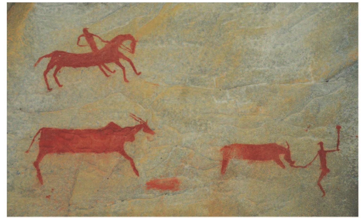Figure 17. Colonial-era painting in the Winterberg, possibly made by bandits who raided horses near Thomas Pringle’s farm in the 1820s (Pringle 1835:112). Note the similarity between the rain animal (bottom right) and that in figure 16. Image by the authors.  Challis and Sinclair-Thomson The Impact of Contact and Colonization on Indigenous Worldviews 