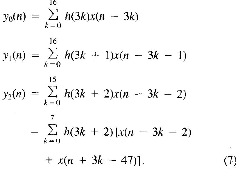 Because only the third filter is linear phase, the resulting polyphase filter will require 17 + 17 + 8 = 42 multi- pliers to implement. This is still fewer multipliers than would be required if the prototype filter was not linear phase, however.  and thus only 25 multipliers are required. After imple- mentation in the polyphase structure of Fig. 1(b), the dif- ference equations of the three subfilters will be 