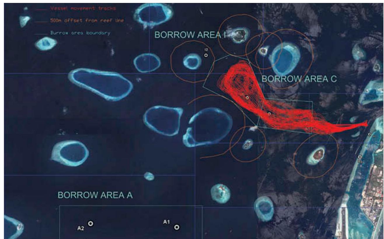 FIGURE 10 This image shows the extent of dredging operations for Hulhumale Phase 2 for one week. It is both an image of the violence inflicted on the seabed and of its careful calibration so as not to disrupt tourist revenues. The circular lines on the image indicate no-go zones around tourist resort islands, where dredging would disrupt diving activ- ities. Source: Zahir and Sattar (2015), courtesy Housing Development Corporation. (Color figure available online.)  (Latour 1993, 51) combining geology, technology, and social space. This required advanced instruments of measurement and mapping, such as single-beam echo sounders, side scan sonar surveys, and surveys to produce highly accurate representations of the seabed (Figure 10). Dredging equipment sucked up inorganic matter from the ocean depths and shaped it into platforms of real estate for lease or sale, amounting, as a disgruntled Maldivian put it, to “basically selling the sea” (comment to Naish 2015). Modes of architectural representation not seen in the Maldives before, such as master plans, scale models, graphic fly-throughs and renderings, the ubiquitous “textual and visual rhetorics ... that extend the imaginaries of enclaved spaces as conceptual and developmental metageographies” (Jackson and della Dora 2009, 2088) were mobilized to market the development as a global investment opportunity. Significantly however, Hulhumale was also the first locality where Maldivians could buy and sell property in their country. Residents of Male were given priority for land and home purchases at discount prices, but any Maldivian could purchase property there. It is also being marketed as a global capital investment opportunity and most of its construction has been tendered out to global firms. This has done away with traditional property relations centered on the island chief, replacing him with a state-owned enterprise, the HDC. The HDC operates as master developer; contractor for infrastructure, utilities, and services; and regulator of planning and building codes. It also deals with the lease and sale of land and property (HDC 2016). This managerial approach  