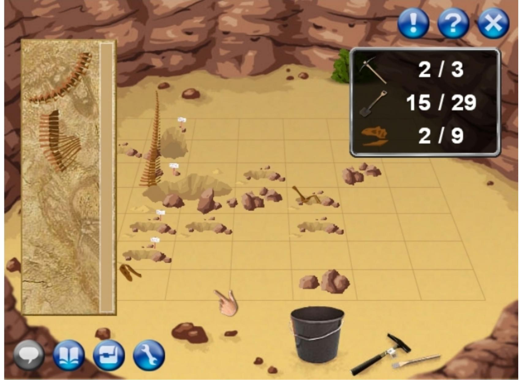 Multiple in-game user controls—While DQ benefi infra-red wand sensor designators, DQO utilizes m (partially) indicated in Figure 7, the user interface s from the use of an embedded sensor network and ultiple in-game user controls. For example, as to the fossil dig pit game associated with the Argentine collaboratory employs multiple, task-specific cursors (hand, pick, shovel). The hand is used fo select other tools, or to pick up and move (to as been “dug up” through game play. The pick is used [he shovel is only used to dig into a dig pit grid ce upper right keeps score of the times used versus av fo create a resource scarcity. These in turn help mo use each user controlled in-game tool. orage mechanism) a fossil bone structure that has to only break rocks that appear on the dig pit grid. Il, one at a time. The in-game dashboard on the ailable to use in order to self-monitor progress and tivate users to carefully choose when and when to DQO game environment—DQO represents a contemporary game platform. It is coded in Flash 8, which runs in most commonly available Web browsers (e.g., Internet Explorer, Firefox, Safari). It is accessed from a single Web site (www.DQOnline.org), which in turn downloads the DQO game engine into the user's Web browser, which in turn downloads each game module and its content on user demand. Many families and school groups access and run the DQO game environment on a desktop or laptop computer, as DQO does not require high-end microprocessors, graphics accelerator cards, or the like. Accordingly, the design of the DQO game environment was conceived to enable the largest possible audience of end users or players, including those who may have older, less powerful computers, which includes many under-privileged schools.