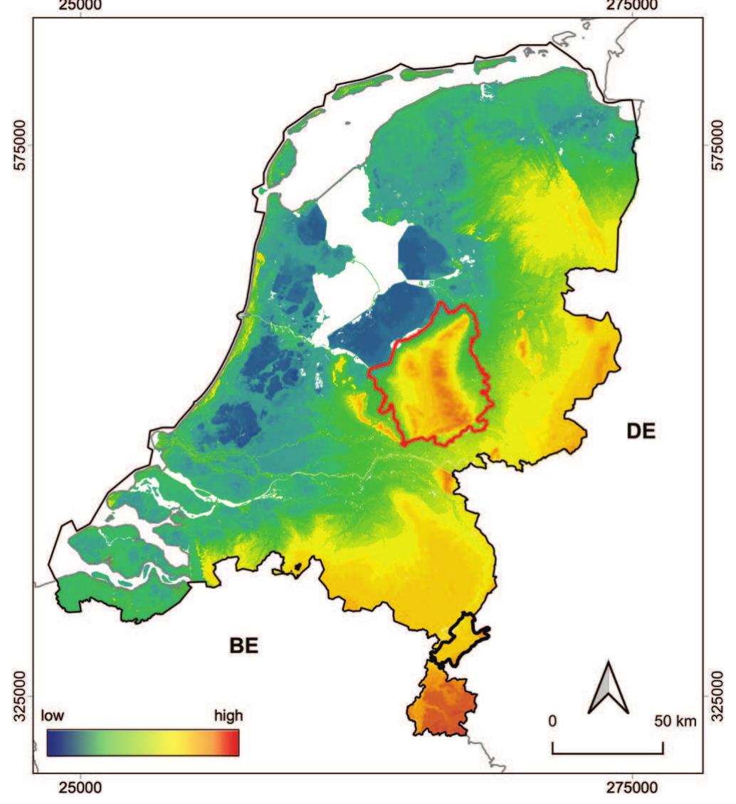 FIGURE 1_ The Midden-Limburg (outlined in black) and Veluwe (outlined in red) areas on a height model of the Netherlands (source of the height model: Nationaal Georegister, 2021; coordinates in Amersfoort/RD New, EPSG: 28992) [Colour figure can be viewed at  wileyonlinelibrary.com] 