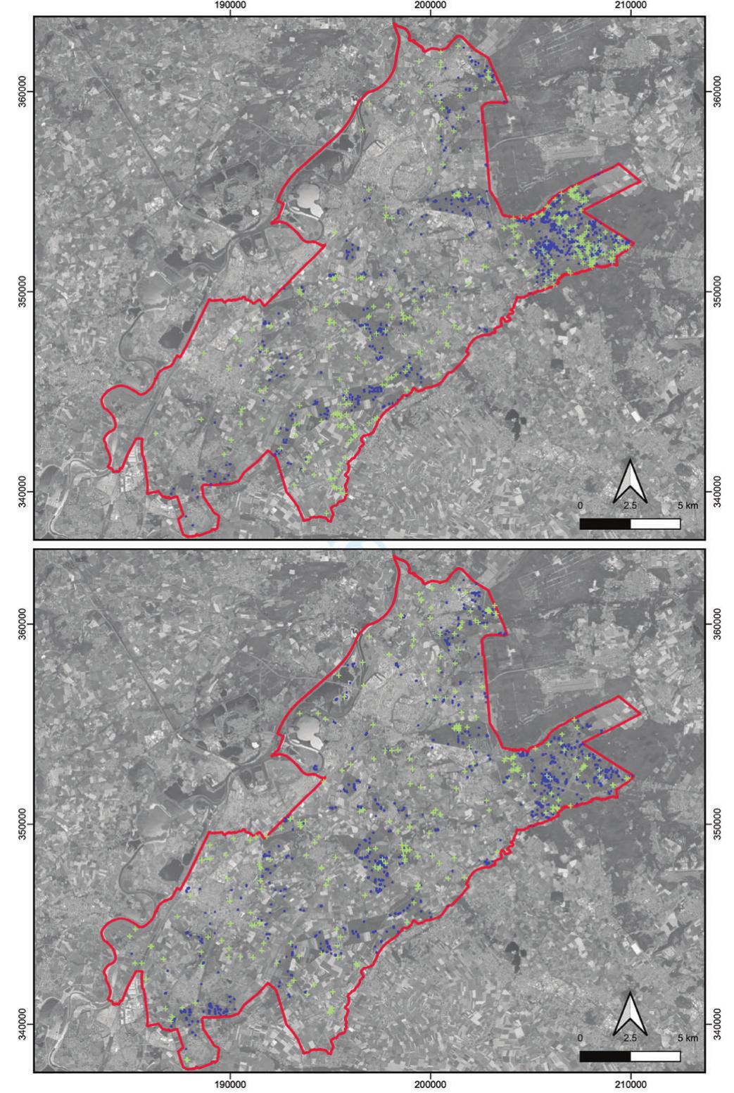 FIGURE 7_ The results of the automated detection (top: WODAN_LRM; bottom: WODAN_DTM) showing all Rank  1 detections of barrows in green and Celtic fields in blue in the research area (red outline) on a recent aerial photograph (source photograph: Nationaal Georegister, 2021; coordinates in Amersfoort/ RD New, EPSG: 28992) [Colour figure can be viewed at wileyonlinelibrary.com] 