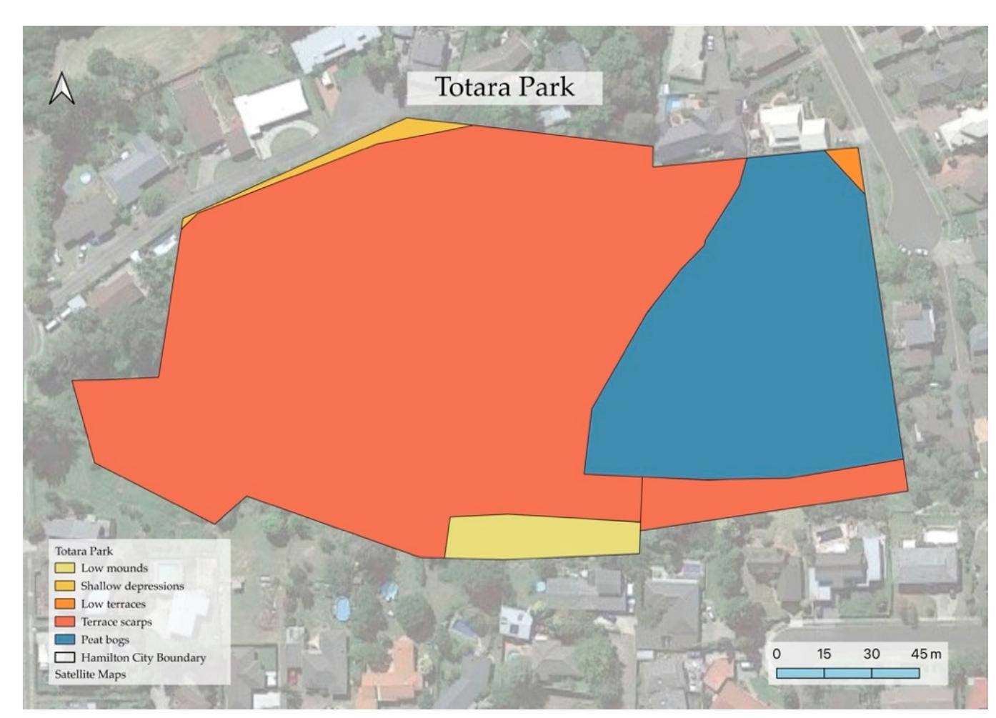 Figure A1. Totara Park’s planting zones. Low mounds (mixed conifer-broadleaf forest); shallow depressions (kahikatea semi-swamp forest); low terraces (totara-matai-kowhai forest); terrace scarp: (totara-matai-kowhai forest) and peat bogs (shrub sedgeland). In the terrace scarps ecological unit appropriate species to plant include Blechnum chambersii, Dacrydium cupressinum, Podocarpus totara Prumnopitys taxifolia, Olearia rani and Knightia excelsa. Restoration of the open grassy area to the east o: the grey willow-kahikatea patch would require less effort. The space could be planted with suitabl. species for the shrub sedgeland ecological unit, including Leptospermum scoparium, Cordyline australis Coprosma propinqua, Machaerina teretifolia, M. rubiginosa, Phormium tenax and Carex secta [18]. 