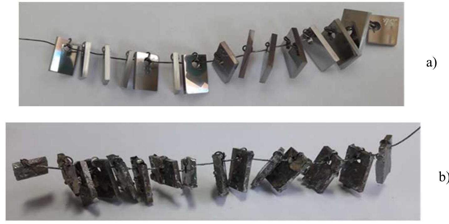 For the inspection of components removed from the reactor vessel, it is very important to be able to clean the structural material from residual lead without damaging it. Therefore, in this paper, several chemical cleaning solutions were studied. In order to remove residual lead from the surface of candidate materials for Lead-cooled Fast Reactors, first were tested 316 stainless steel specimens in liquid lead at 450 °C for 48 hours. The visual aspect of specimens, before and after testing in liquid lead, it is presented in Figure 2.  Figure 2. 316 stainless steel specimens a) before testing in liquid lead b) after testing in liquid lead 