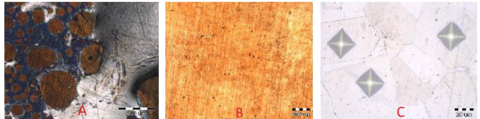Figure 16. Specimen 5 A) covered with lead B) after cleaning test at 20 °C in Sol. 3 C) Vickers microhardness after cleaning test 
