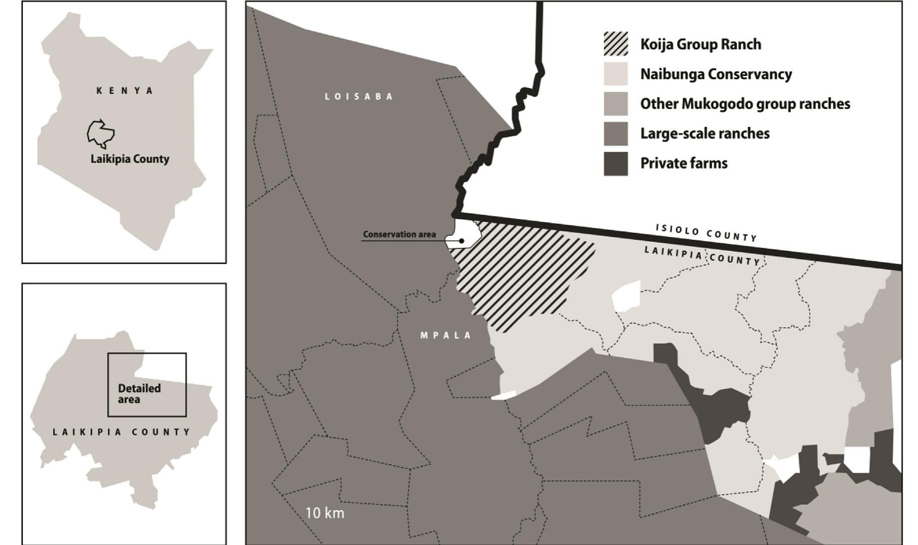 Fig. 1. Map of study area.  With approximately 450 mm mean annual precipitation, the area is semi-arid; with a high coefficient of variation of annual precipitation, rainfall is also substantially more variable than the rest of Laikipia County (Franz et al., 2010). Residents rely primarily on the Ewaso Nyiro River for water, with two boreholes, one per- manent earth dam, small ephemeral stone catchments, and small pools in ephemeral streams (lagas) providing additional sources. While the historical response to low and variable rainfall was spatial mobility over extensive areas of rangeland, colonial era land takings and recent enclosures of range have led to new strategies for securing dry season grazing access (Letai and Lind, 2013), and dramatic restructuring of herd composition (Herren, 1989). Recently, conservation trusts have been formed with neighboring private ranches that have diversified from commercial ranching to high-end ecotourism, and with global and national conservation organizations working to conserve globally-significant wildlife on   Koija Group Ranch covers an area of 7605 ha and is home to approximately 2267 Maa-speaking pastoralists based on 2009 es- timates (Kaye-Zwiebel, 2011), most of whom self-identify as LeUaso (“of the river”) — a group of hunter-gatherers that intermarried with Laikipiak Maasai and Samburu pastoralists. The area is bounded on the western edge by the Ewaso Nyiro River and two large private ranches; on the north by “trust land” occupied by various pastoralist groups (primarily Samburu); and on other sides by neighboring group ranches (Fig. 1). According to the Land 