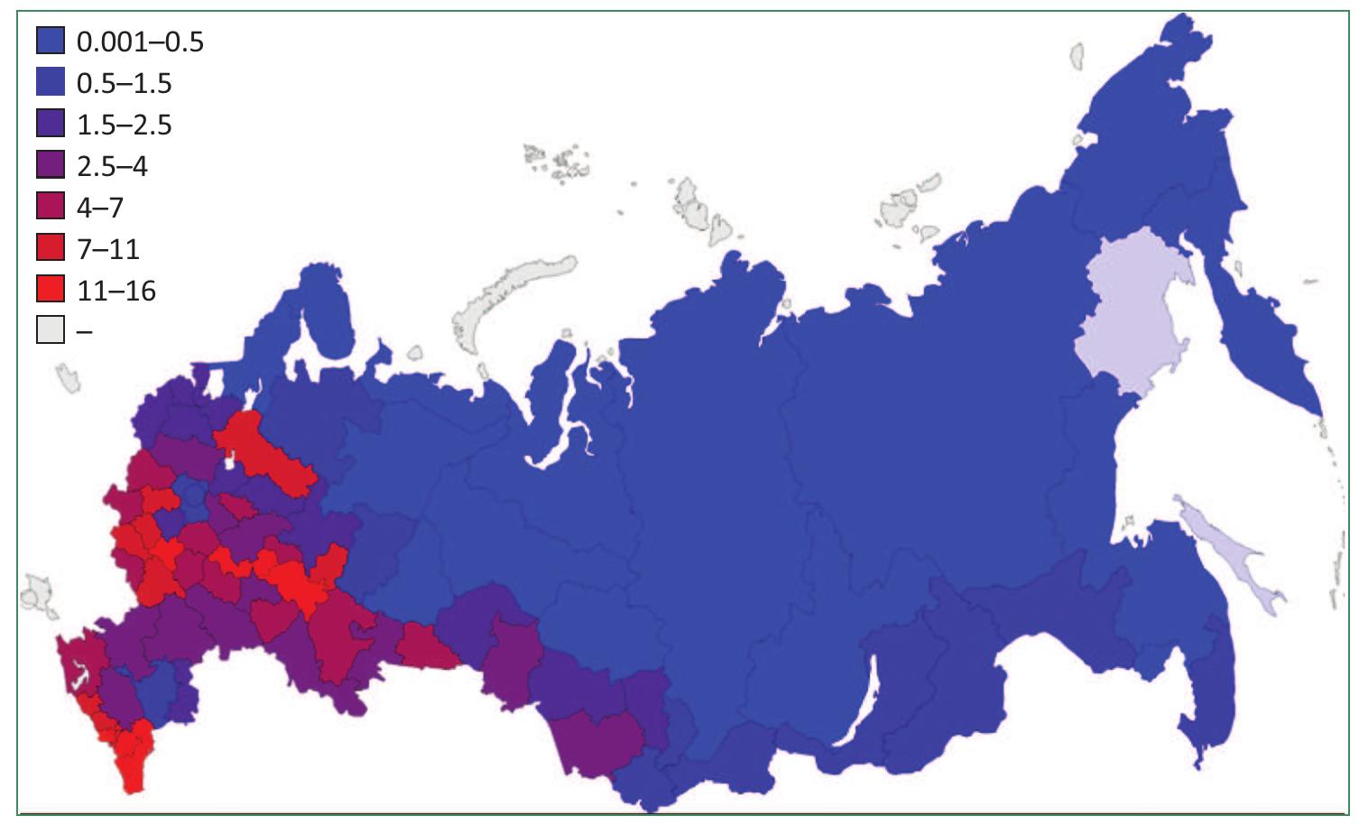 (46,100 people); 5) the periphery of the largest cities, primarily capitals: Moscow, Yaroslavl, Tula, Leningrad and Sverdlovsk provinces, where the average population of rural settlements is relatively high, but their network is sparse; 6) the Astrakhan province and Primorsky province with the ribbon development of large rural settlements along the banks of Volga and in its delta and the border strip with China and on the Pacific coast. As shown on the map, most rural areas in Russia could be called a demographic desert (Figure 2). 