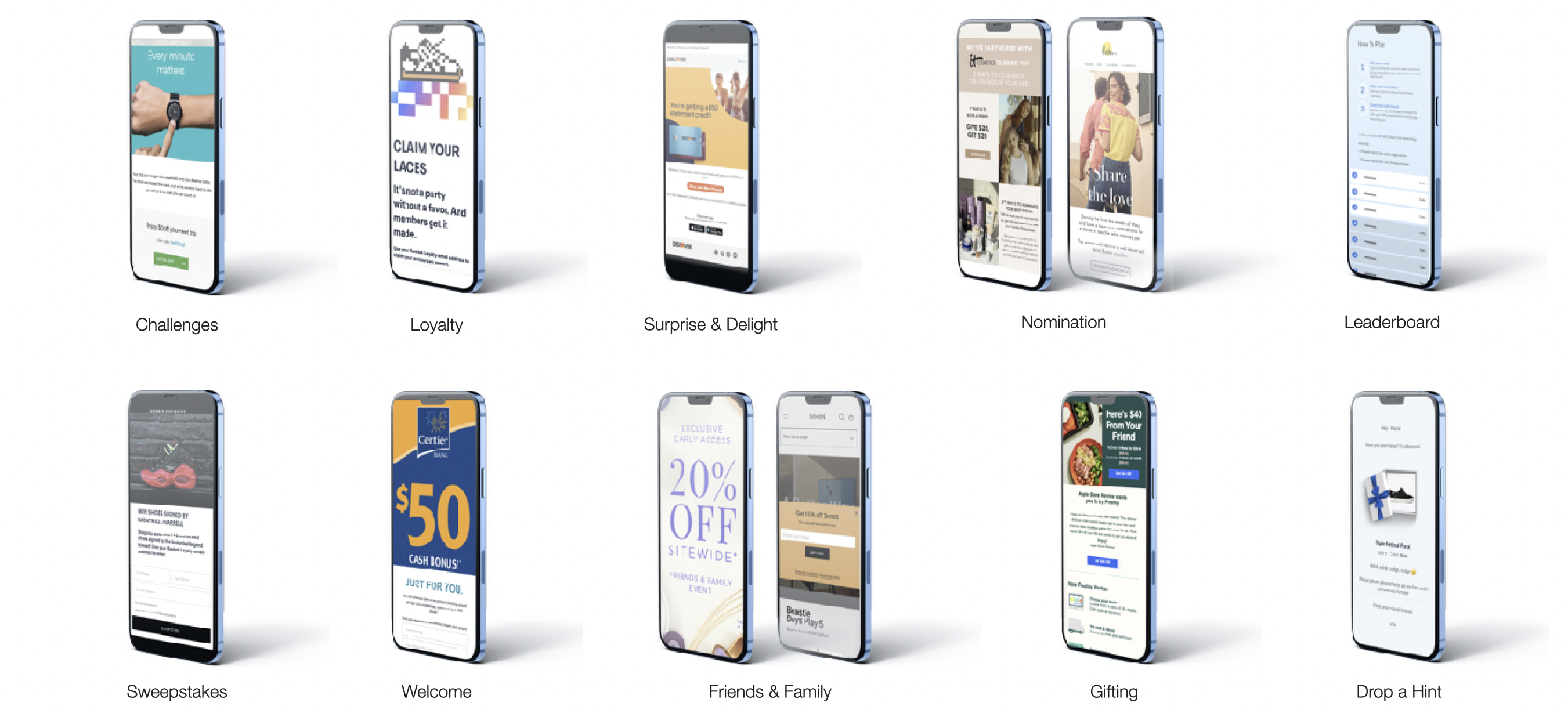 Screen Shot 2022-06-29 at 3.55.32 PM.png iPhones displaying examples of various Extole programs.