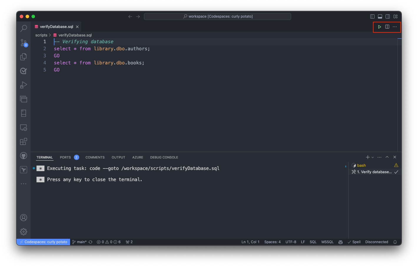 Run VS Code task - Run SQL Script