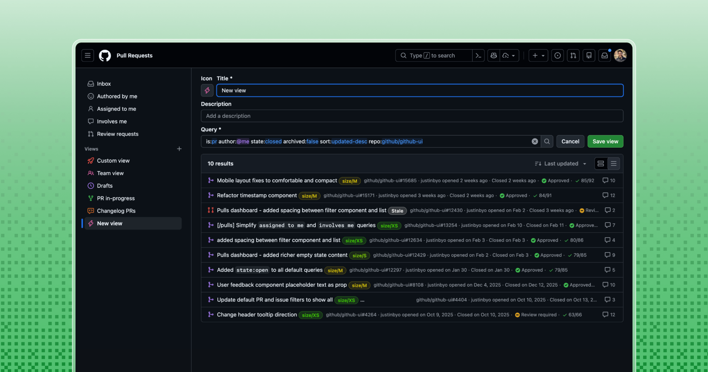 Pull requests dashboard focused on a saved view, in an edit state