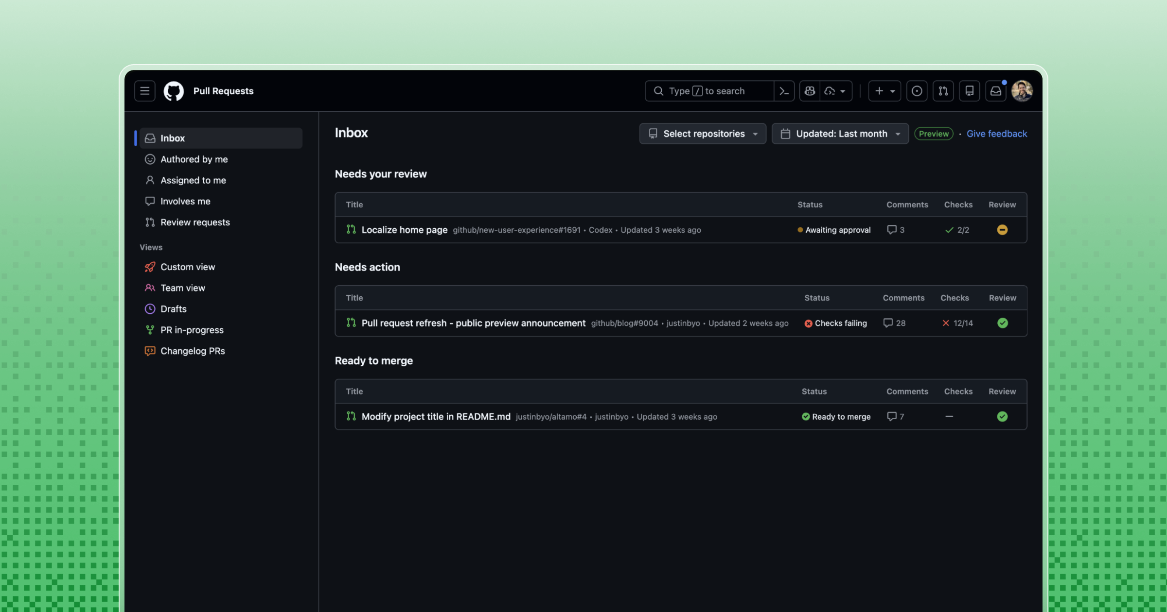 Pull requests inbox with review requests, needs action, and ready to merge sections