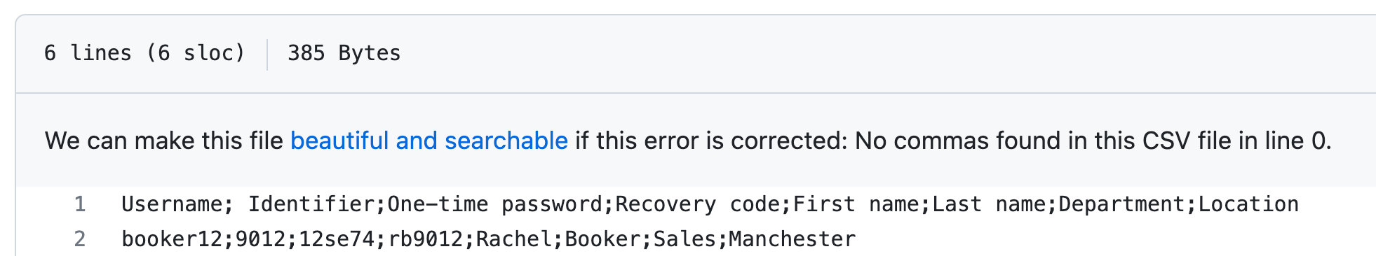 Captura de pantalla de una vista de texto de un archivo CSV. En el encabezado, un mensaje indica un error: "No se encontraron comas en la línea&nbsp;0 de este archivo CSV".