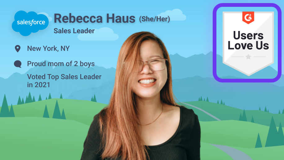 Rebecca Haus from Salesforce with her Warmly Nametag highlighting a "Users Love Us" badge from G2