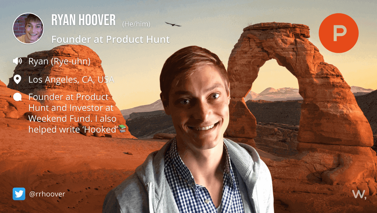 Warmly Nametag for Ryan Hoover, Founder at Product Hunt