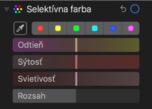 Ovládacie prvky Selektívna farba zobrazujúce posuvníky Odtieň, Sýtosť, Svietivosť a Rozsah.